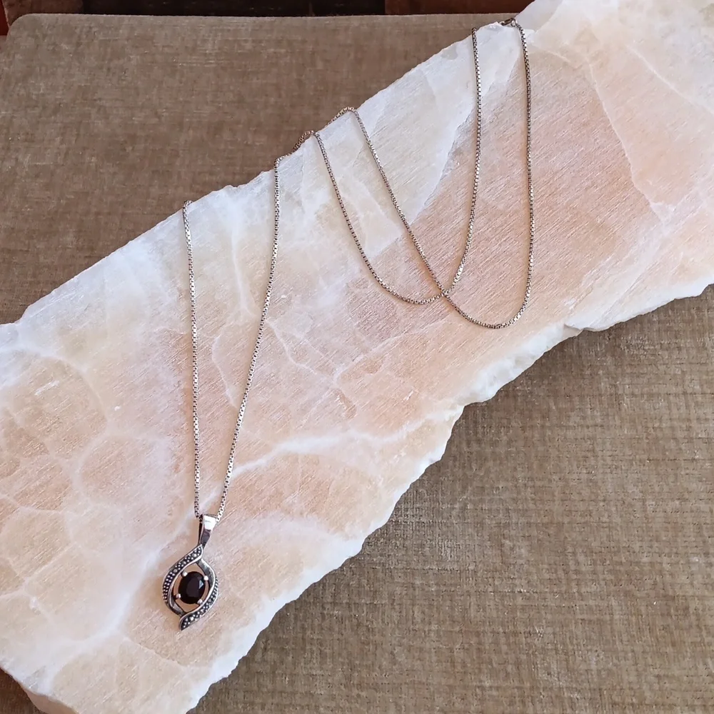 Sterling Silver Box Chain Glass Red Stone Marcasite Pendant Necklace